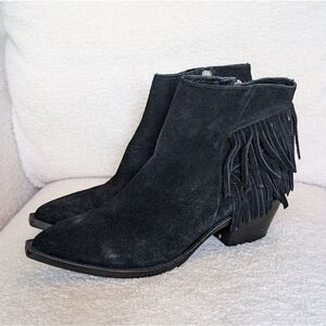All Saints Black Suede Western Fringe Heeled Boots booties